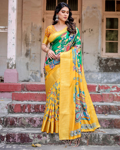 Pure Silk Digitally Printed Saree Weaved With Golden Zari Comes With Tassels