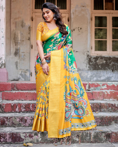 Pure Silk Digitally Printed Saree Weaved With Golden Zari Comes With Tassels