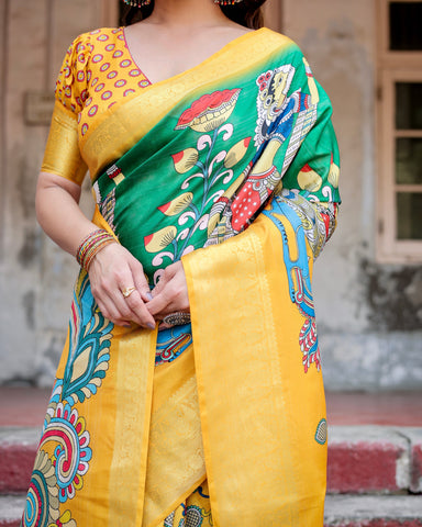 Pure Silk Digitally Printed Saree Weaved With Golden Zari Comes With Tassels