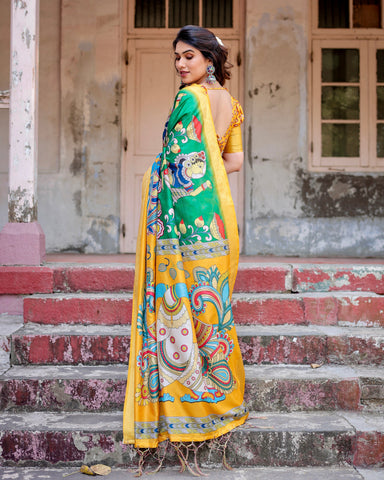 Pure Silk Digitally Printed Saree Weaved With Golden Zari Comes With Tassels