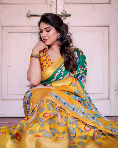 Pure Silk Digitally Printed Saree Weaved With Golden Zari Comes With Tassels