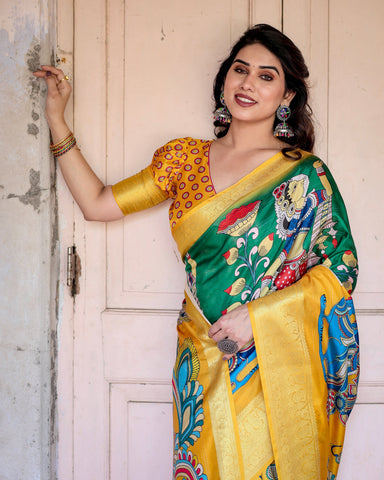 Pure Silk Digitally Printed Saree Weaved With Golden Zari Comes With Tassels