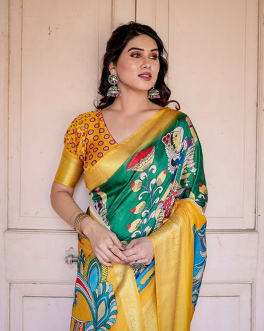 Pure Silk Digitally Printed Saree Weaved With Golden Zari Comes With Tassels