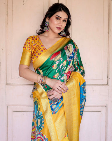 Pure Silk Digitally Printed Saree Weaved With Golden Zari Comes With Tassels