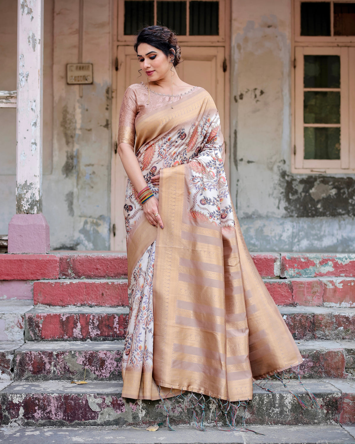 Pure Banarasi Silk Saree Weaved With Golden Zari Comes With Tassels