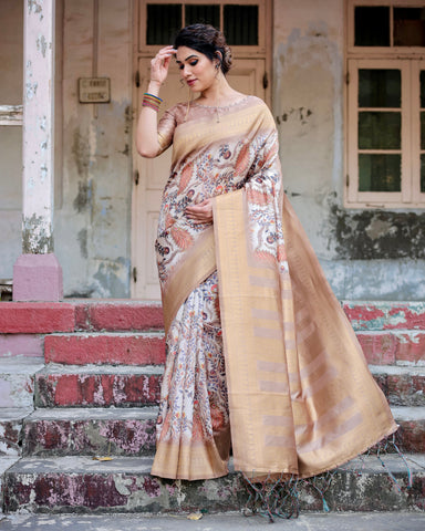 Pure Banarasi Silk Saree Weaved With Golden Zari Comes With Tassels