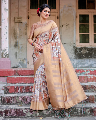 Pure Banarasi Silk Saree Weaved With Golden Zari Comes With Tassels