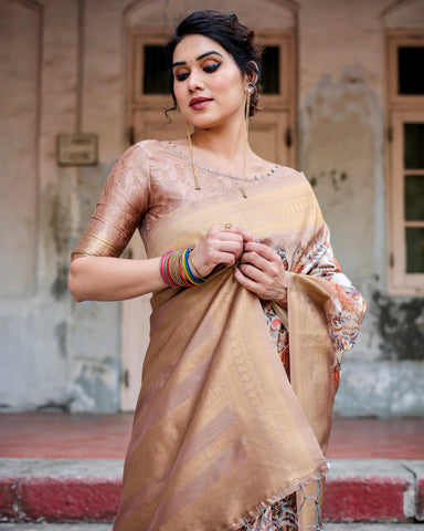 Pure Banarasi Silk Saree Weaved With Golden Zari Comes With Tassels