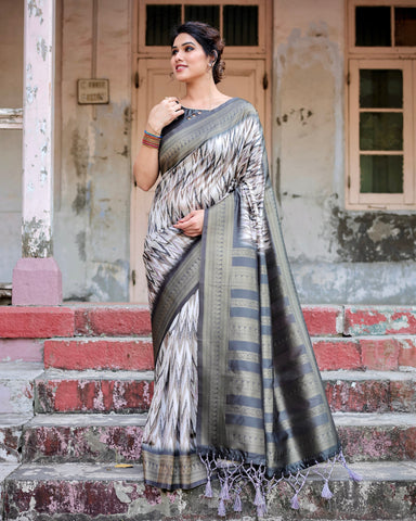 Pure Banarasi Silk Saree Weaved With Golden Zari Comes With Tassels