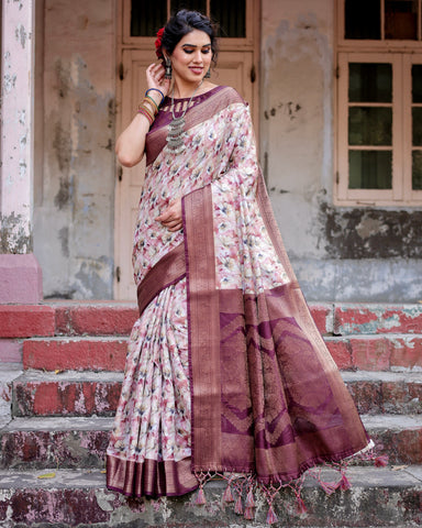 Pure Banarasi Silk Saree Weaved With Golden Zari Comes With Tassels