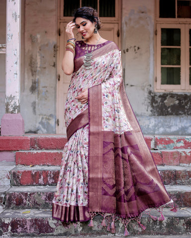 Pure Banarasi Silk Saree Weaved With Golden Zari Comes With Tassels