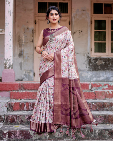 Pure Banarasi Silk Saree Weaved With Golden Zari Comes With Tassels