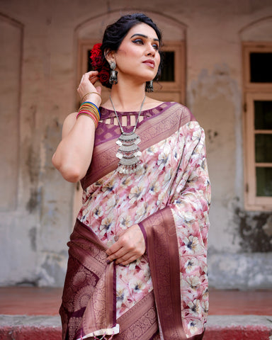 Pure Banarasi Silk Saree Weaved With Golden Zari Comes With Tassels