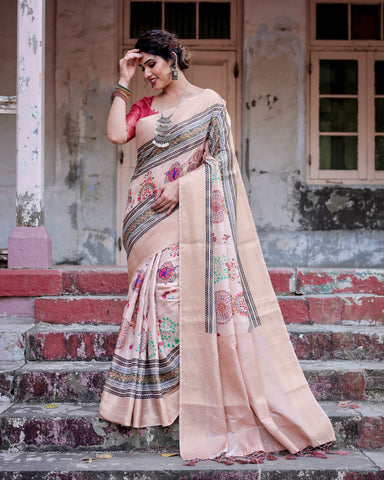 Pure Banarasi Silk Saree Weaved With Golden Zari Comes With Tassels