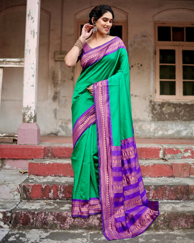 Pure Silk Saree Weaved With Zari Comes With Heavy Banarasi Brocade Blouse