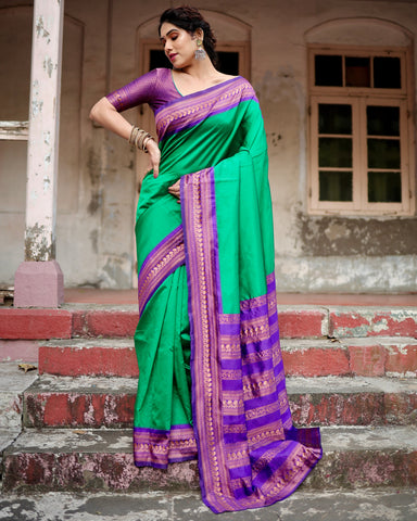 Pure Silk Saree Weaved With Zari Comes With Heavy Banarasi Brocade Blouse