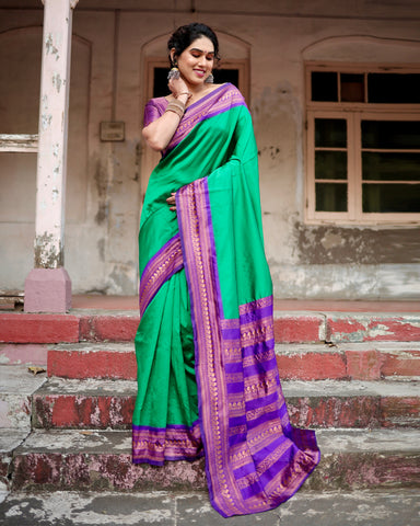 Pure Silk Saree Weaved With Zari Comes With Heavy Banarasi Brocade Blouse