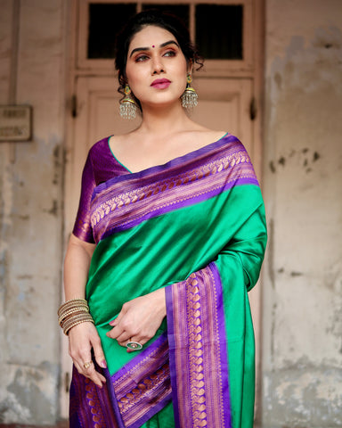 Pure Silk Saree Weaved With Zari Comes With Heavy Banarasi Brocade Blouse