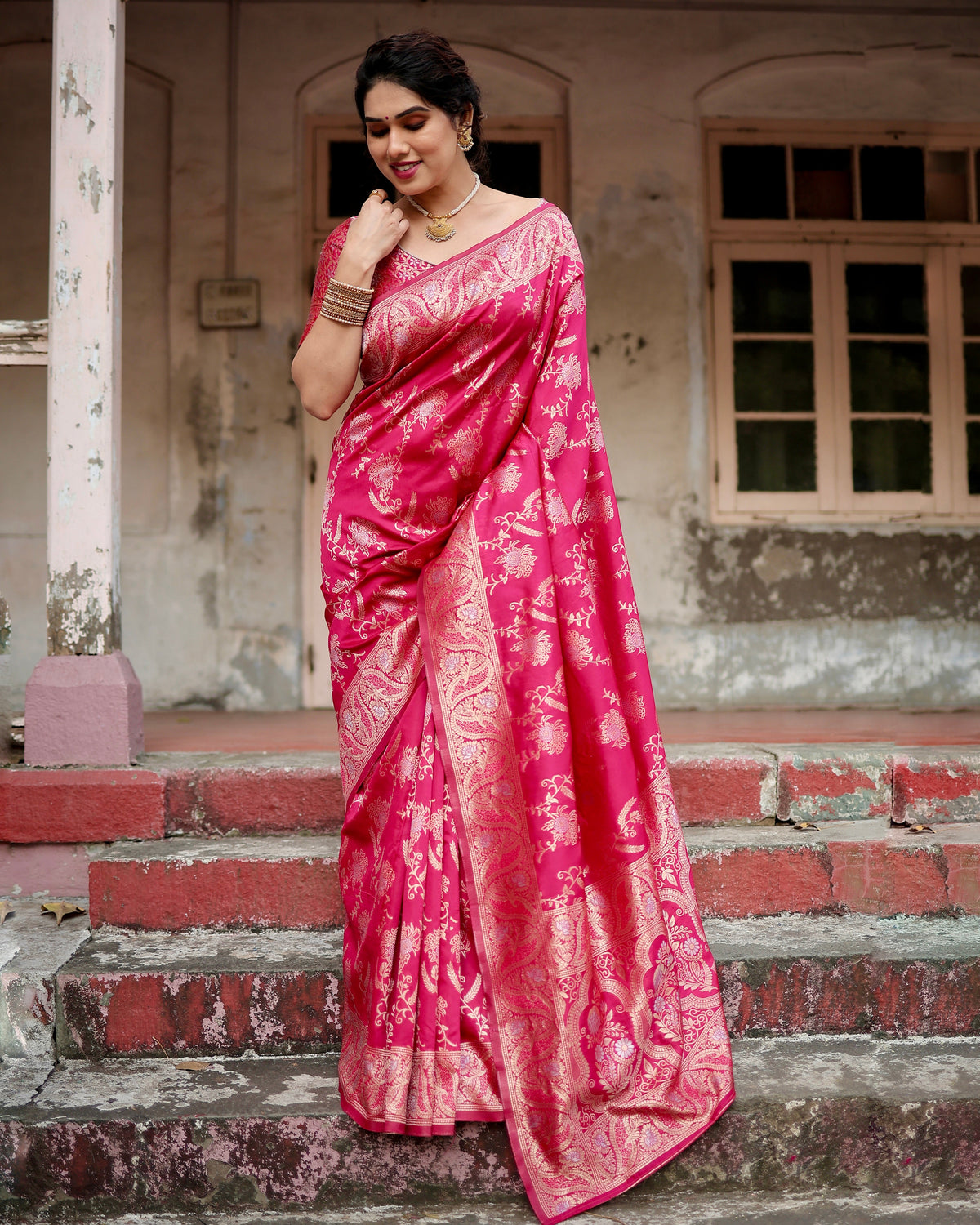 Pure Silk Saree Weaved With Zari Comes With Heavy Banarasi Brocade Blouse