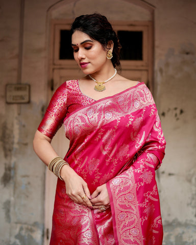 Pure Silk Saree Weaved With Zari Comes With Heavy Banarasi Brocade Blouse