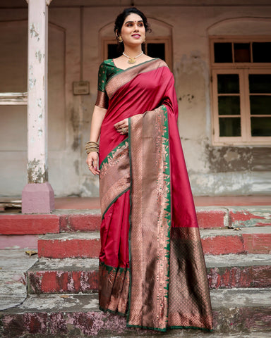 Pure Silk Saree Weaved With Zari Comes With Heavy Banarasi Brocade Blouse