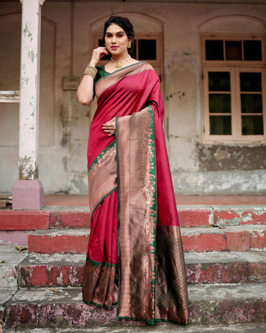 Pure Silk Saree Weaved With Zari Comes With Heavy Banarasi Brocade Blouse