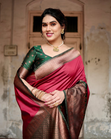 Pure Silk Saree Weaved With Zari Comes With Heavy Banarasi Brocade Blouse