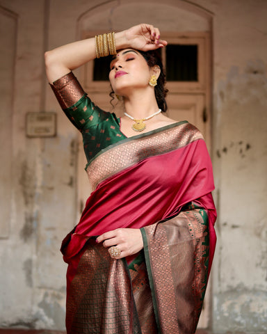 Pure Silk Saree Weaved With Zari Comes With Heavy Banarasi Brocade Blouse