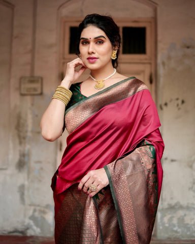 Pure Silk Saree Weaved With Zari Comes With Heavy Banarasi Brocade Blouse