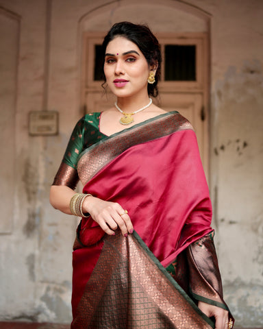 Pure Silk Saree Weaved With Zari Comes With Heavy Banarasi Brocade Blouse