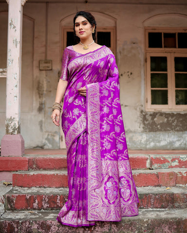 Pure Silk Saree Weaved With Zari Comes With Heavy Banarasi Brocade Blouse