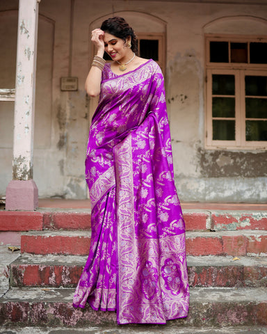 Pure Silk Saree Weaved With Zari Comes With Heavy Banarasi Brocade Blouse