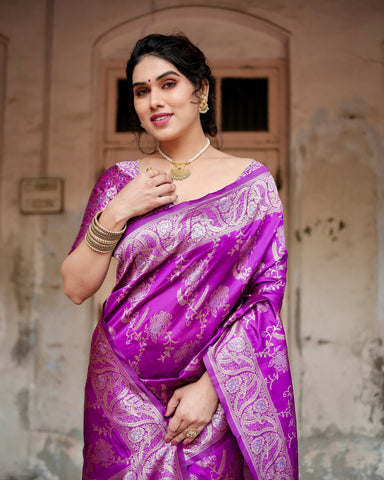 Pure Silk Saree Weaved With Zari Comes With Heavy Banarasi Brocade Blouse