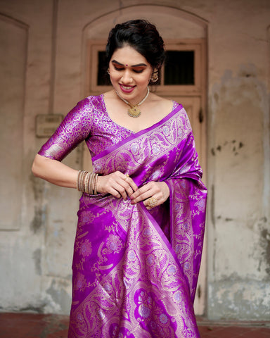 Pure Silk Saree Weaved With Zari Comes With Heavy Banarasi Brocade Blouse