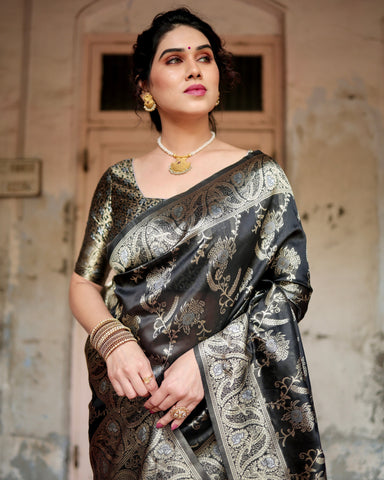 Pure Silk Saree Weaved With Zari Comes With Heavy Banarasi Brocade Blouse