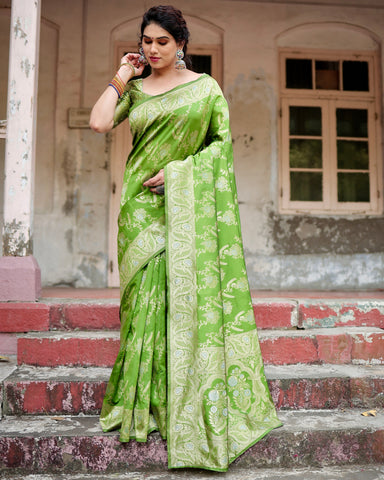 Pure Silk Saree Weaved With Zari Comes With Heavy Banarasi Brocade Blouse