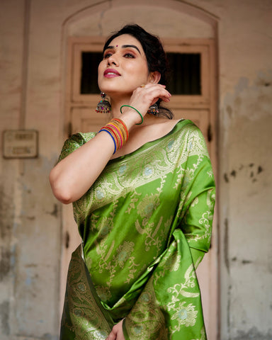 Pure Silk Saree Weaved With Zari Comes With Heavy Banarasi Brocade Blouse