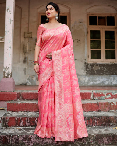 Pure Silk Saree Weaved With Zari Comes With Heavy Banarasi Brocade Blouse