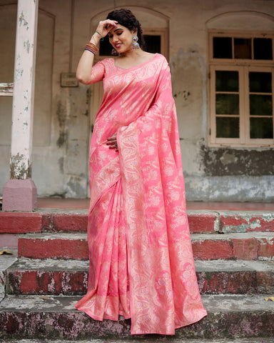 Pure Silk Saree Weaved With Zari Comes With Heavy Banarasi Brocade Blouse