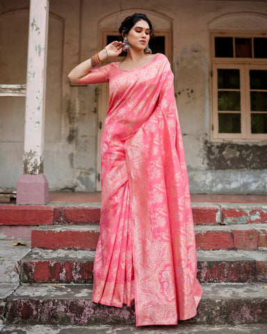 Pure Silk Saree Weaved With Zari Comes With Heavy Banarasi Brocade Blouse