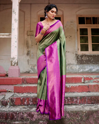 Pure Silk Saree Weaved With Zari Comes With Heavy Banarasi Brocade Blouse