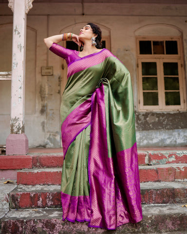 Pure Silk Saree Weaved With Zari Comes With Heavy Banarasi Brocade Blouse