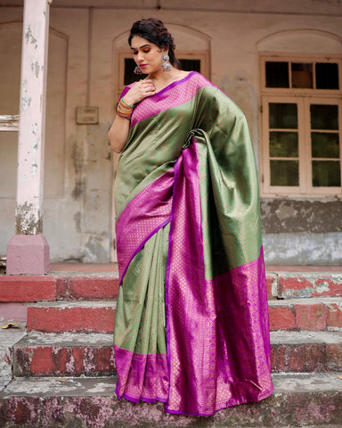 Pure Silk Saree Weaved With Zari Comes With Heavy Banarasi Brocade Blouse