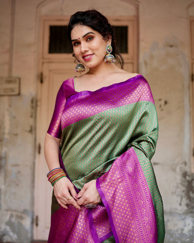 Pure Silk Saree Weaved With Zari Comes With Heavy Banarasi Brocade Blouse