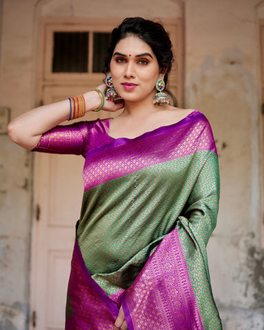 Pure Silk Saree Weaved With Zari Comes With Heavy Banarasi Brocade Blouse