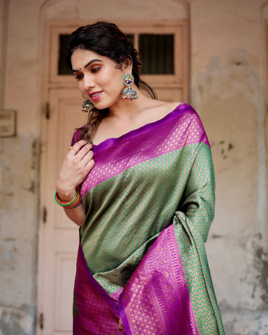 Pure Silk Saree Weaved With Zari Comes With Heavy Banarasi Brocade Blouse