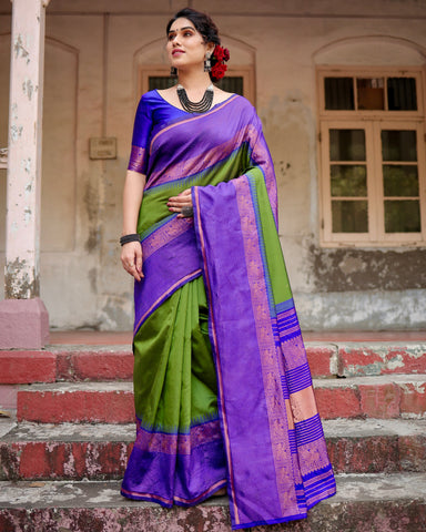 Parrot Green With Royal BLue Combination Pure Soft Semi Silk Saree With Attractive Blouse Piece