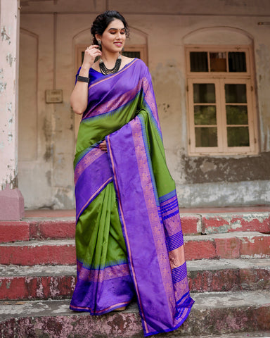 Parrot Green With Royal BLue Combination Pure Soft Semi Silk Saree With Attractive Blouse Piece