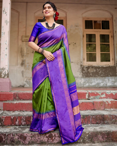 Parrot Green With Royal BLue Combination Pure Soft Semi Silk Saree With Attractive Blouse Piece