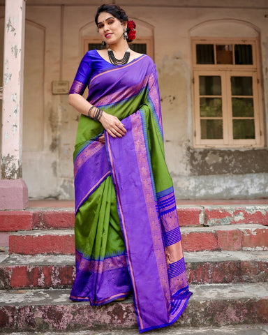 Parrot Green With Royal BLue Combination Pure Soft Semi Silk Saree With Attractive Blouse Piece